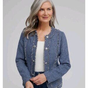 Chico's Blue Tweed Fringe Jacket
